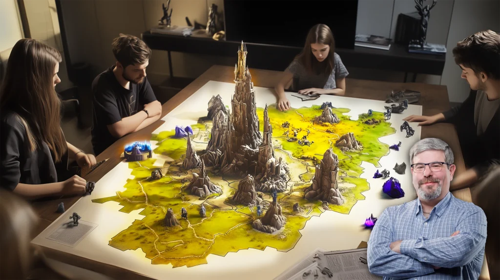 David Kaplan with tabletop gaming group building immersive fantasy map, symbolizing the link between physical and virtual simulation)