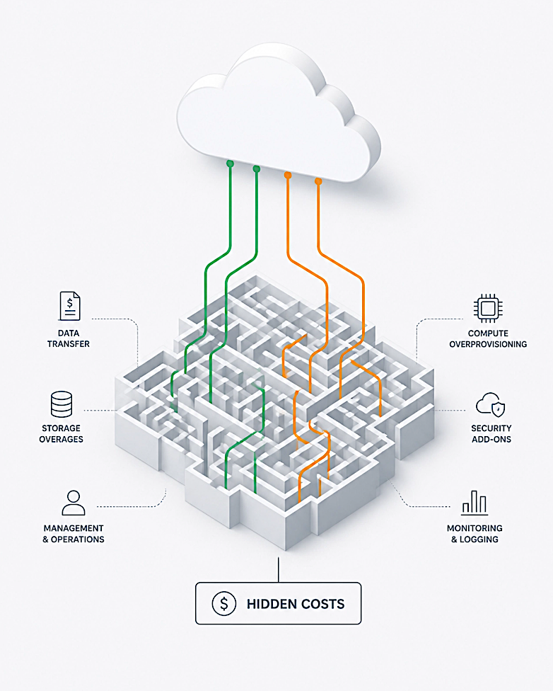 Diagram showing hidden public cloud costs including data transfer, storage overages, compute overprovisioning, security add-ons, management and monitoring.